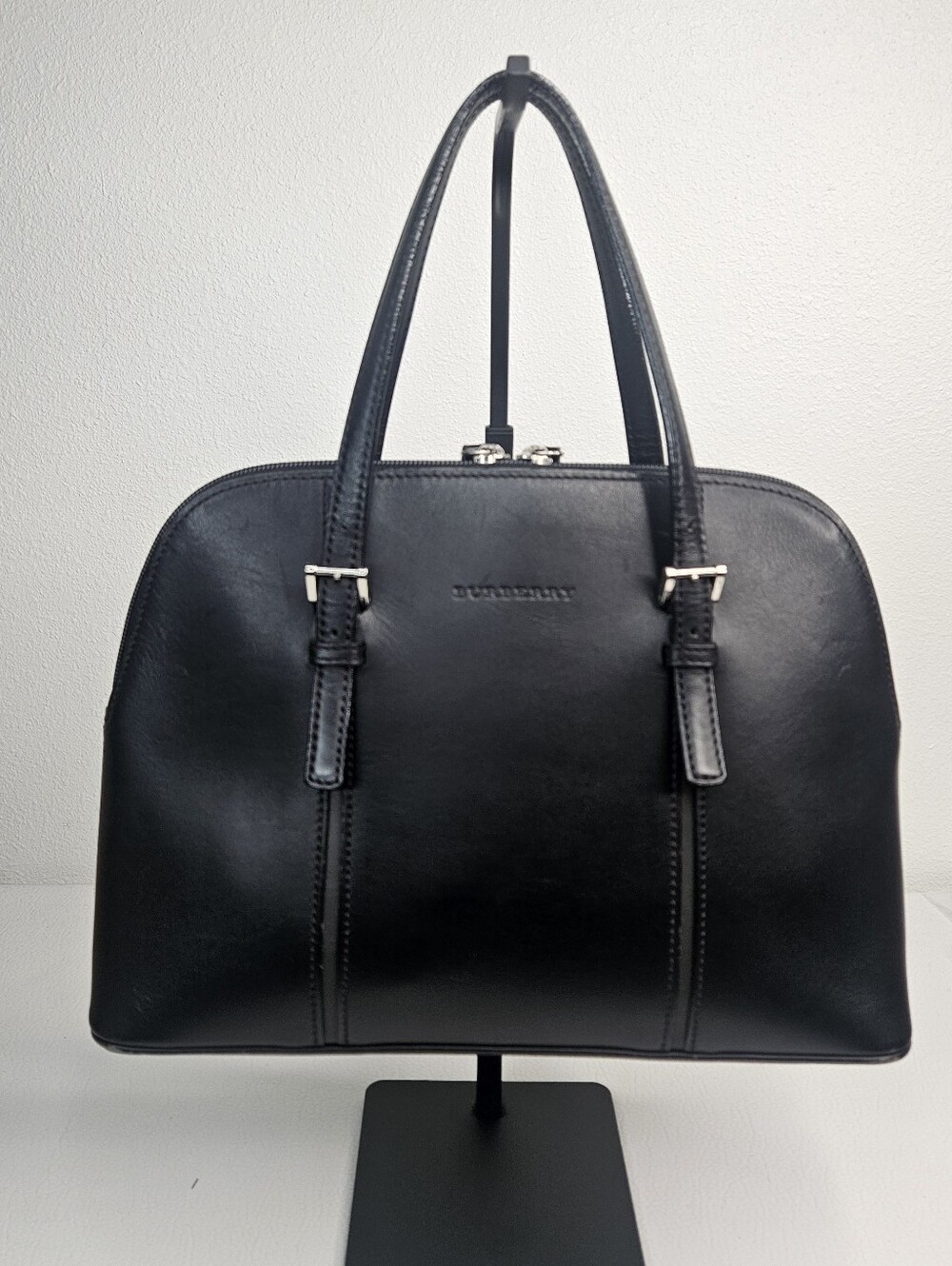 Authenic Burberry Black Leather Tote Shoulder Bag Nova Check Lined